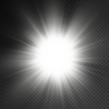 Parlak bir yıldız, parlak bir yıldız, şeffaf bir arkaplanda parlayan beyaz bir ışık patlaması, güneş ışınları, ışık efekti, ışıldayan ışınlar, vektör illüstrasyonu, 10