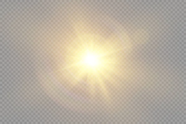 輝きの星 透明な背景に輝く光バースト 黄色の太陽光線 黄金の光効果 光線で太陽のフレア ボケ効果 金のグレア ベクトルイラスト — ストックベクタ