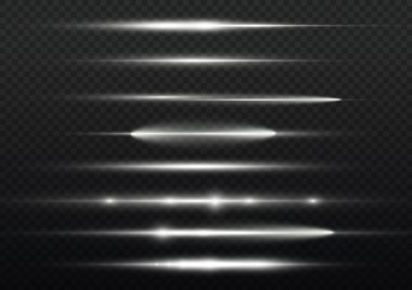 Yatay ışık ışınları, flaş beyaz ışık parlamaları, lazer ışınları, şeffaf arkaplanda parlak beyaz çizgi, güzel ışık parlamaları, parlak parlaklıklar, vektör illüstrasyonu,.