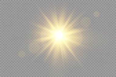 Parlak yıldız, parlak yıldız, şeffaf arkaplanda parlayan ışık, sarı güneş ışınları, altın ışık efekti, ışıltılı güneş ışığı, bokeh etkisi, altın parıltısı, vektör illüstrasyonu