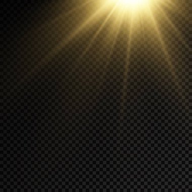 Parlak patlamalı güneş ışığı, ışık ve sihirli parıltı ışınlarıyla parlama efekti, güneş ışınları, sarı ışık efekti, aydınlık ışığında bulanıklık, ön lens flaşı, vektör illüstrasyonu, 10.