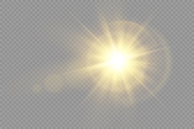 Parlak yıldız, parlak yıldız, şeffaf arkaplanda parlayan ışık, sarı güneş ışınları, altın ışık efekti, ışıltılı güneş ışığı, bokeh etkisi, altın parıltısı, vektör illüstrasyonu