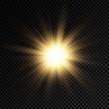 Parlak parlak bir yıldız, parlak bir yıldız, saydam bir arkaplanda sarı bir ışık patlaması, sarı güneş ışınları, altın ışık efekti, ışıltılı güneş ışığı, vektör illüstrasyonu, 10