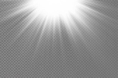 Parlak patlamalı güneş ışığı, ışık ve sihirli parıltı ışınlarıyla parlama etkisi, güneş ışınları, beyaz ışın etkisi, aydınlık ışığında bulanıklık, ön lens flaşı, vektör illüstrasyonu, 10.