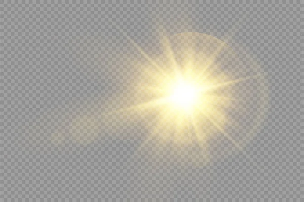 Parlak yıldız, parlak yıldız, şeffaf arkaplanda parlayan ışık, sarı güneş ışınları, altın ışık efekti, ışıltılı güneş ışığı, bokeh etkisi, altın parıltısı, vektör illüstrasyonu