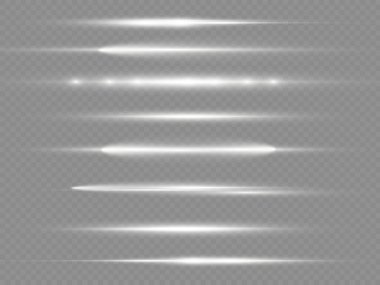Yatay ışık ışınları, flaş beyaz ışık parlamaları, lazer ışınları, şeffaf arkaplanda parlak beyaz çizgi, güzel ışık parlamaları, parlak parlaklıklar, vektör illüstrasyonu,.