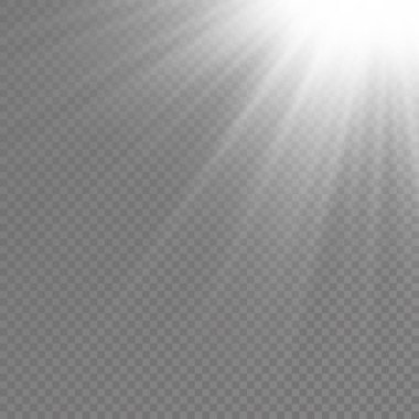 Parlak patlamalı güneş ışığı, ışık ve sihirli parıltı ışınlarıyla parlama etkisi, güneş ışınları, beyaz ışın etkisi, aydınlık ışığında bulanıklık, ön lens flaşı, vektör illüstrasyonu, 10.