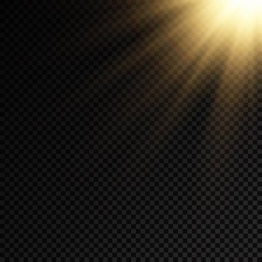 Parlak patlamalı güneş ışığı, ışık ve sihirli parıltı ışınlarıyla parlama efekti, güneş ışınları, sarı ışık efekti, aydınlık ışığında bulanıklık, ön lens flaşı, vektör illüstrasyonu, 10.