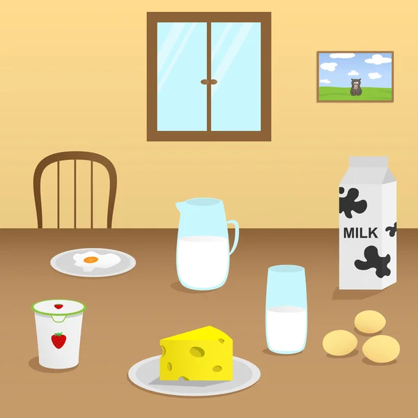 Иллюстрация молочных продуктов на деревянном столе в столовой — стоковый вектор