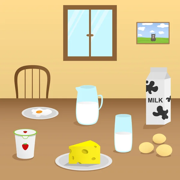 Illustration of dairy products on a wooden table in the dining room Vector Graphics