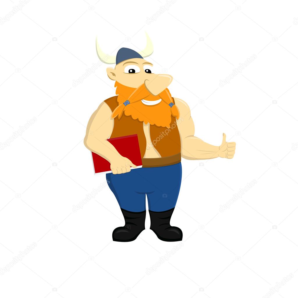 Cartoon illustration of muscular viking holding a book