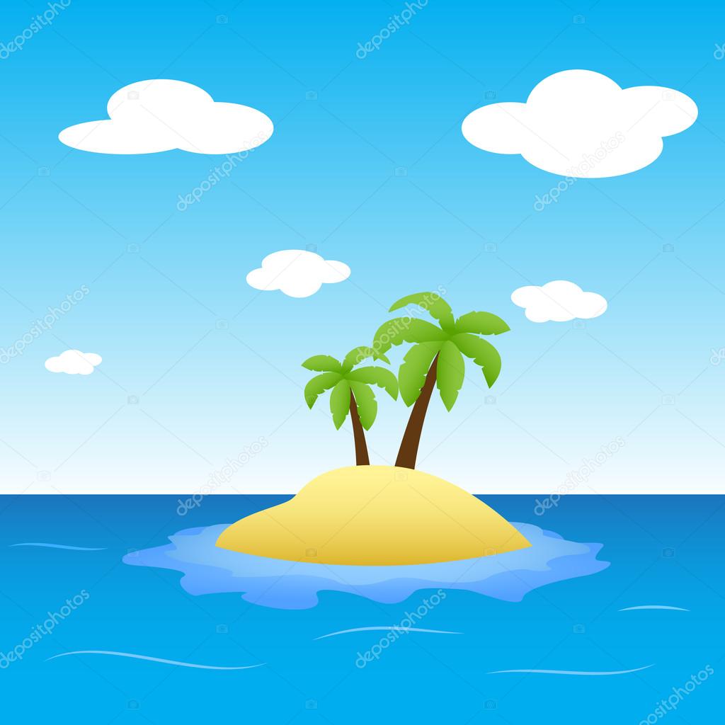 Illustration of island in the middle of ocean with two palm trees