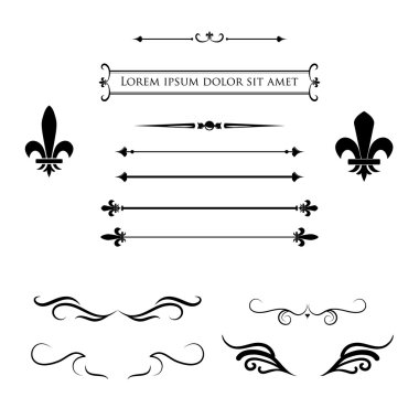 Collection of calligraphic flourish design elements, borders and frames - fleur de lis