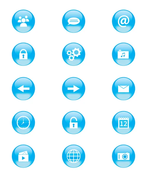 Ensemble de boutons circulaires bleus et blancs pour applications de téléphonie mobile ou web — Image vectorielle