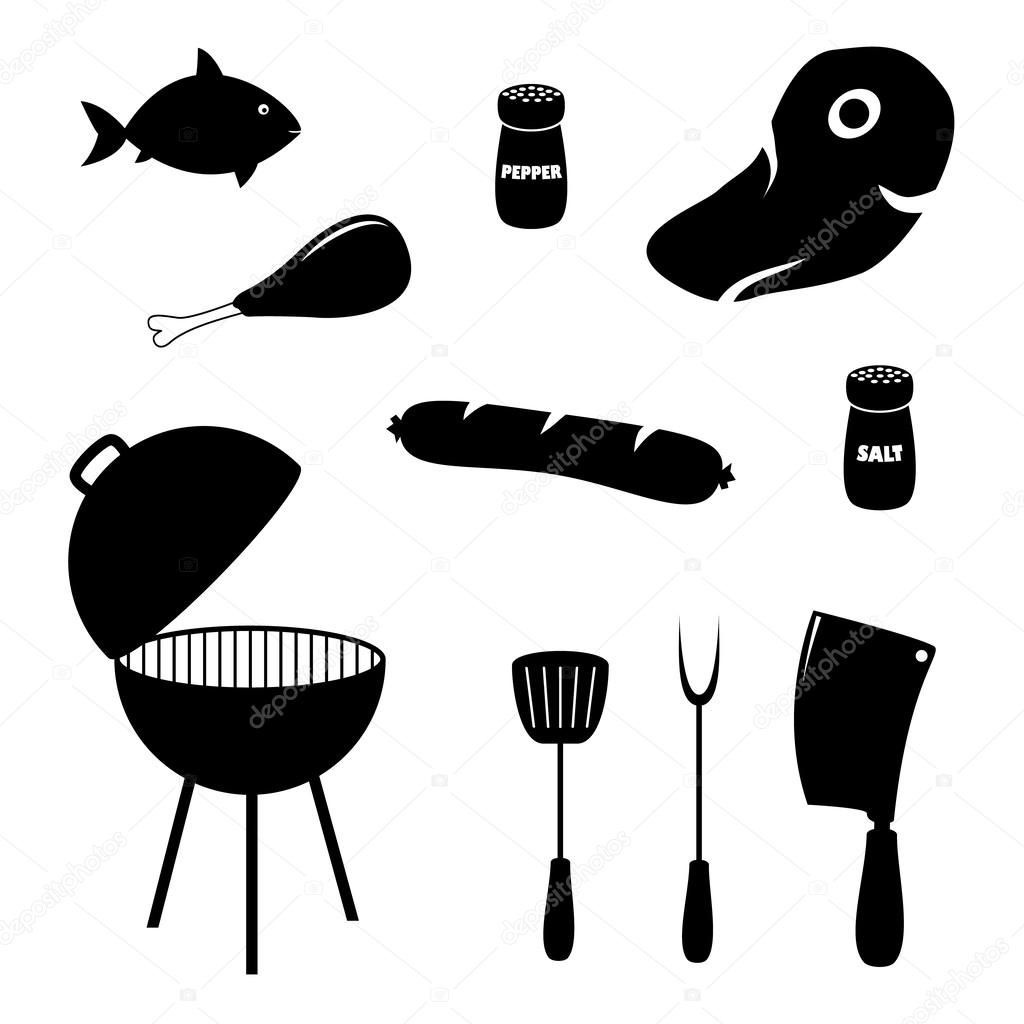 Set of barbecue related icons, food, grill and tools