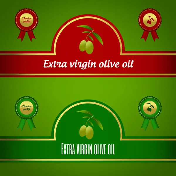Set etichette olio extravergine di oliva rosso e verde — Vettoriale Stock