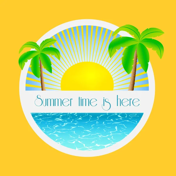 L'heure d "été est arrivée - illustration avec palmiers et lever de soleil sur l'eau de mer — Image vectorielle