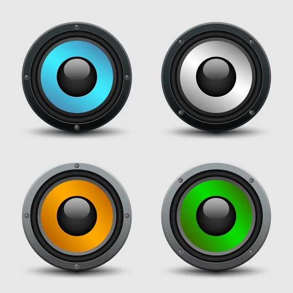 Ensemble de quatre haut-parleurs colorés illustration réaliste — Image vectorielle