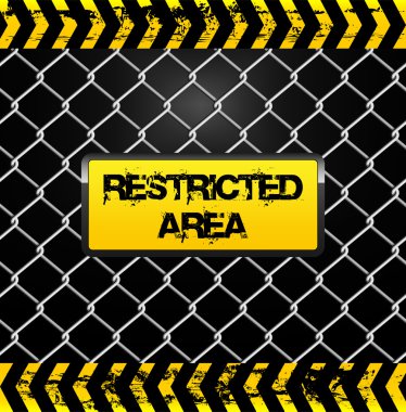 Restricted area sign - wire fence and yellow tapes illustration clipart
