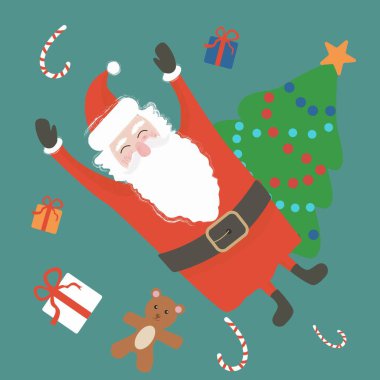 Noel Baba hediyeler ve Noel ağacı arasında uçuyor. Noel Baba tatlı ve komik bir gülümsemeyle uçuyor. Dokusu olan düz illüstrasyon.