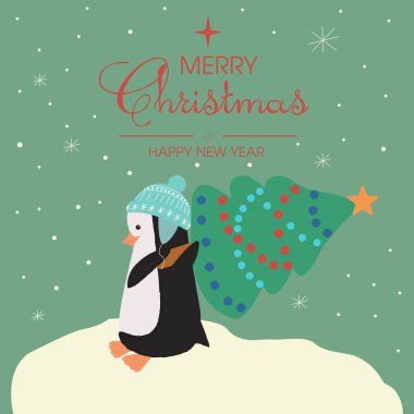 Mavi şapkalı ve desenli bir penguen kar yığınlarının arasında bir Noel ağacı taşıyor. Yazı: Mutlu yıllar ve Mutlu Noeller..