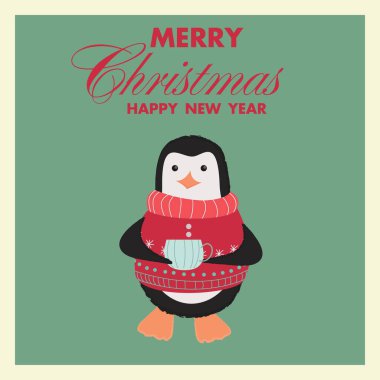 Yeşil arka planda Noel ve Yeni Yıl kartı kırmızı kazaklı bir penguen bir bardak sıcak içki tutuyor. Kırmızı harfli..