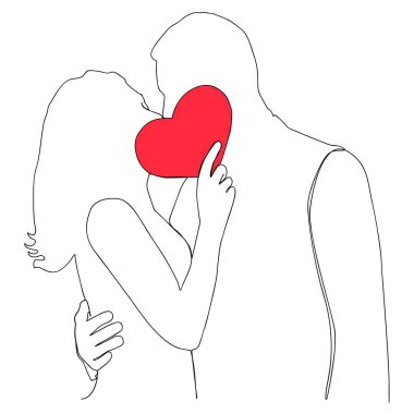 Couple in love with continuous one line drawing vector illustration. The couple kisses, covering their face with their red heart.