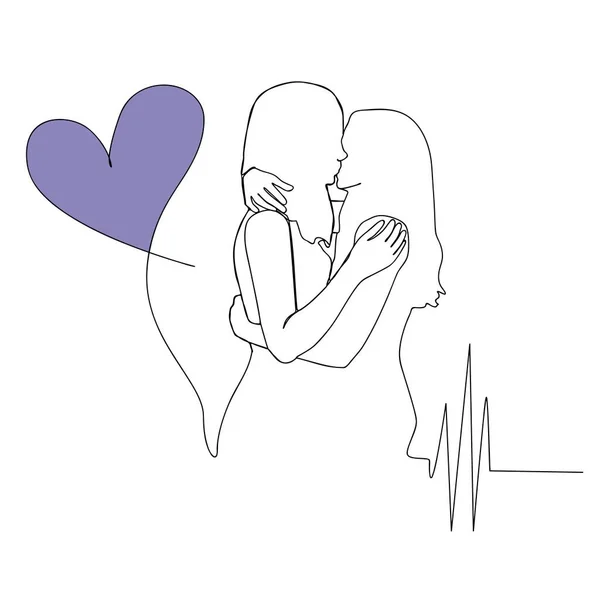 One Line Drawing Two Girls Kiss Next Heart Lgbt Community — Διανυσματικό Αρχείο