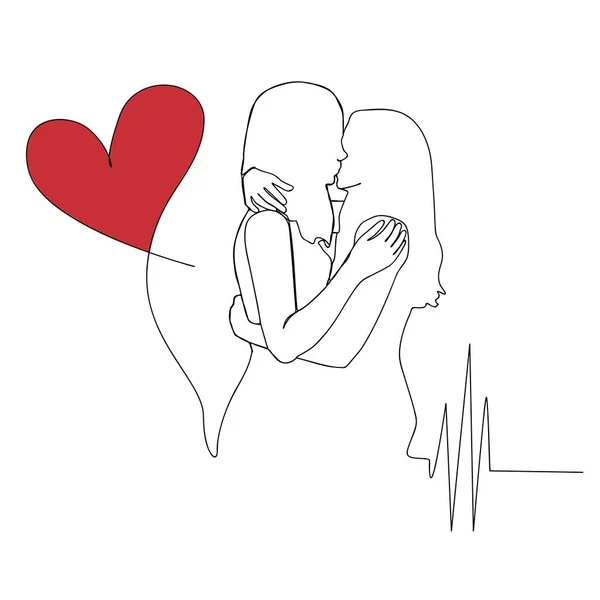 Ένα Σχέδιο Γραμμής Δύο Κορίτσια Φιλιούνται Δίπλα Στην Κόκκινη Καρδιά — Διανυσματικό Αρχείο
