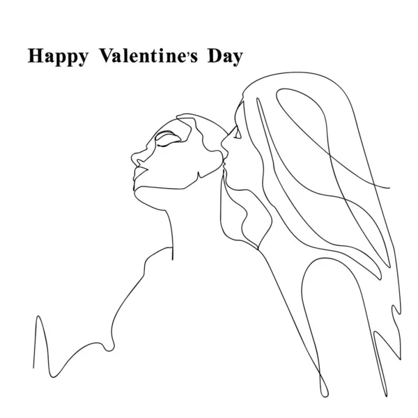 Girl Gently Hugs Kisses Girl Ear One Line Drawing Valentine — Stockvektor