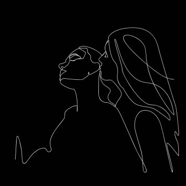 The girl gently hugs and kisses the girl's ear. One line drawing for Valentine's Day. LGBT art. Black background.