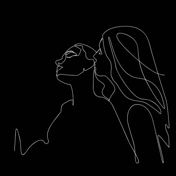 Girl Gently Hugs Kisses Girl Ear One Line Drawing Valentine — стоковый вектор