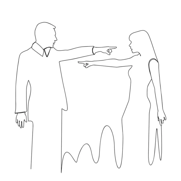 Man Woman Quarreling Pointing Each Other One Line Drawing Red — Stock Vector