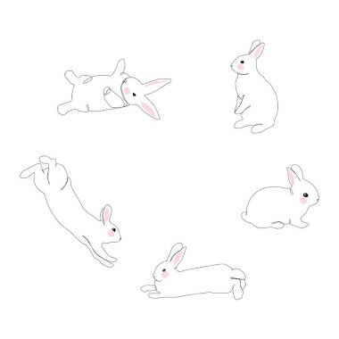 Bir çizgi, farklı pozlardaki Paskalya tavşanları zıpla, otur, koş, yalan söyle. Ayarla.