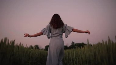 Tarlada bir kız, buğday çimlerinin üzerinde duruyor..