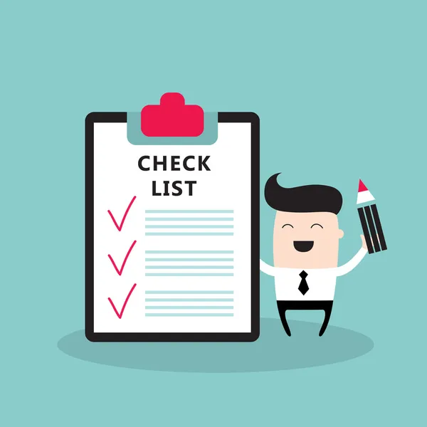 Uomo d'affari felice con checklist Concetto di business di successo — Vettoriale Stock