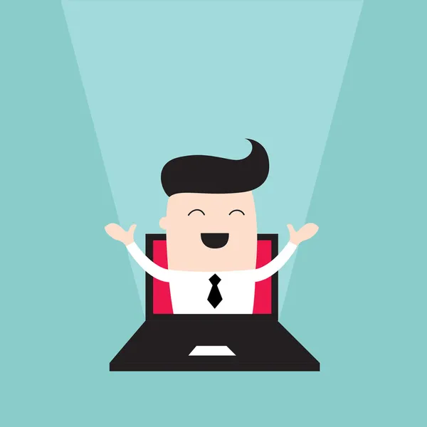 Businessman jumping out of laptop monitor — Stock Vector