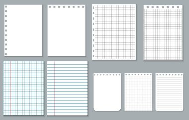 Kağıt seti. Boş, boş bir defter sayfası. Bir kafes ve bir ip içinde yırtık not defteri. Okul defterleri, kırtasiye malzemeleri. Vektör illüstrasyonu