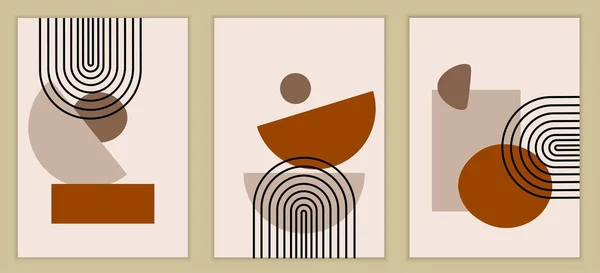  Boho tarzında soyut posterler. Elementlerin modern geometrik şekilleri. Duvar sanatı için tasarım. Duvar dekorasyonu için minimalist çizimler. Vektör