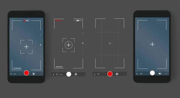 Telefon kamerası ve fotoğraf ekran ayarları. Dijital kamera arayüzü. Akıllı telefon için bir şablon seti. Karanlık arka plan. Vektör gerçekçi illüstrasyon.
