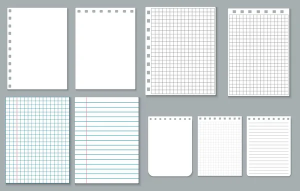 Conjunto Hojas Papel Página Blanco Blanco Cuaderno Bloc Notas Rasgado — Vector de stock