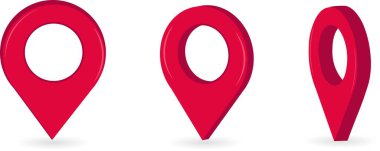 Kırmızı konum simgesi, navigatör haritasını göster. Tabelayı üç pozisyonda döndür. Üç boyutlu grafikler. Vektör illüstrasyonu.