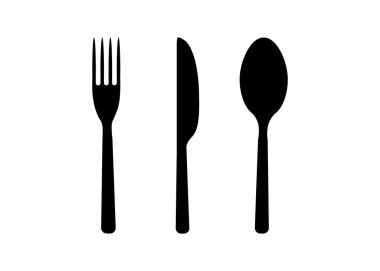 Fork, spoon, knife, plate, cup. Set of cutlery icons, kitchen utensils for reception, record table setting. Logo for cafes, restaurants. Vector flat illustration.