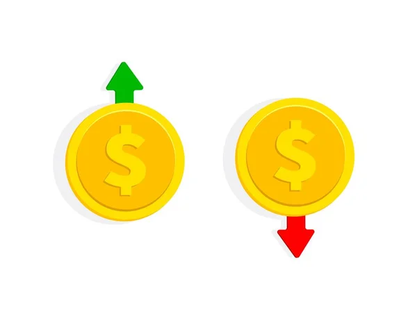 Kırmızıya doğru yükselen yeşil oklu sikkeler. Büyüme ve dolar para kaybı. Artır ve değerleri düşür. Gelir sağlamak ve kârı azaltmak. Ekonomik istikrar ve kriz. Vektör illüstrasyonu