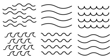 Dalga çizgisi. Beyaz zemin üzerinde deniz dalgalarıyla siyah doğal desen. Basit düz tasarım elementleri. Duvar kağıdı için sanatsal doku. Vektör illüstrasyonu.
