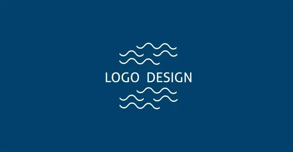 Logotyp Med Havsvågor Blå Bakgrund Vågiga Vita Linjer Enkla Platta — Stock vektor