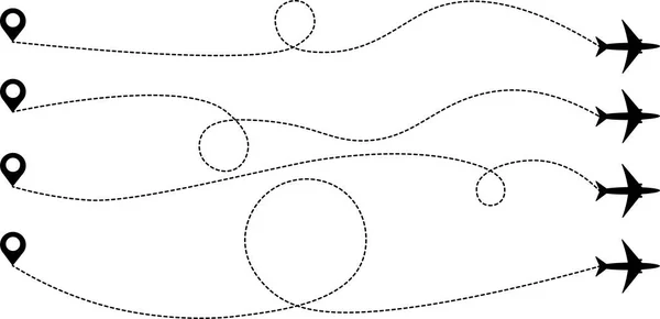 飞机路径黑色图标 飞行路径用虚线指示 以循环形式出现的一组路径 从起点开始 矢量说明 — 图库矢量图片