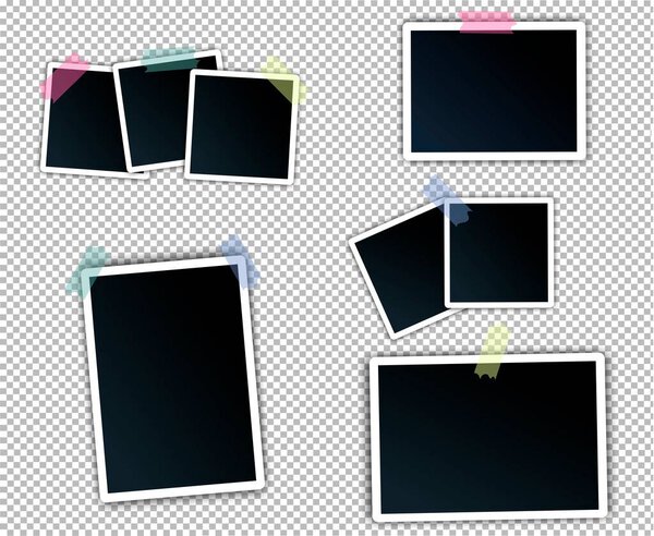 A collage of photos glued with sticky tape. A set of black realistic photo frames with a shadow.3D design. Vintage style. Vector illustration.