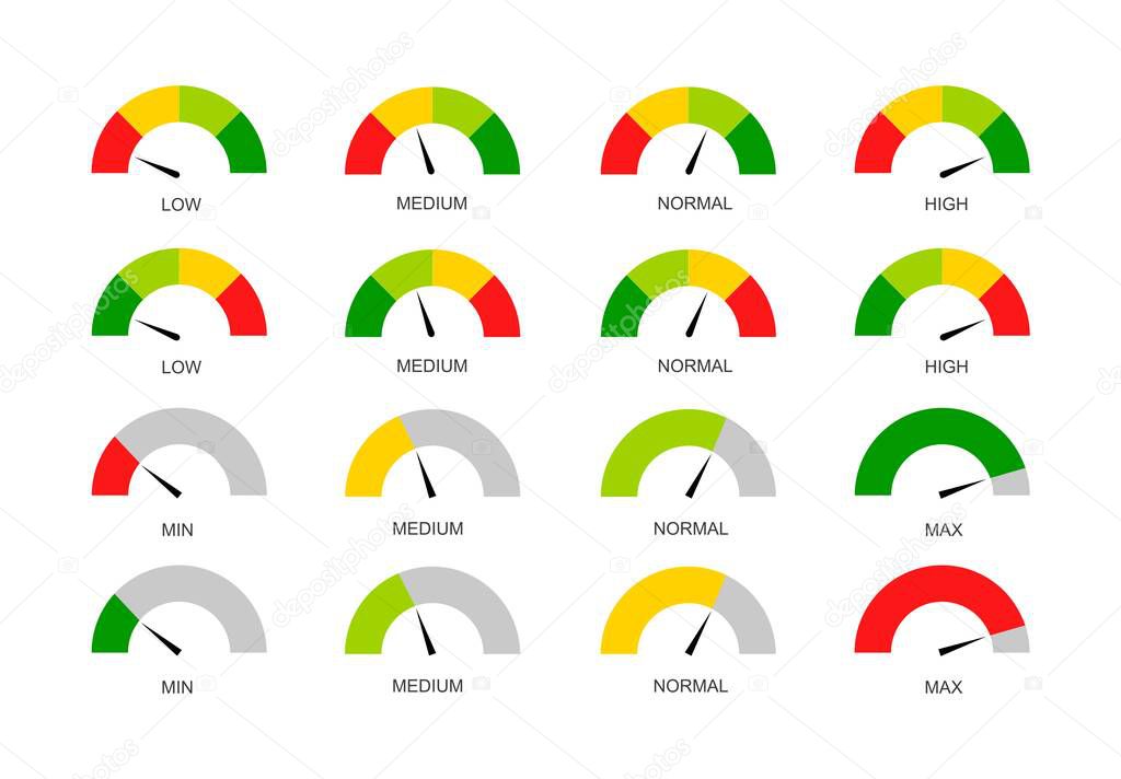 Speedometer icon set. Green, yellow, red risk level. Speed measurement. Vector illustration