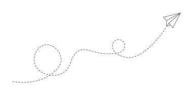 Kağıt uçak yolu simgesi. Döngü rotası. Uçuş güzergahı noktalı bir çizgi ile gösteriliyor. Vektör illüstrasyonu.